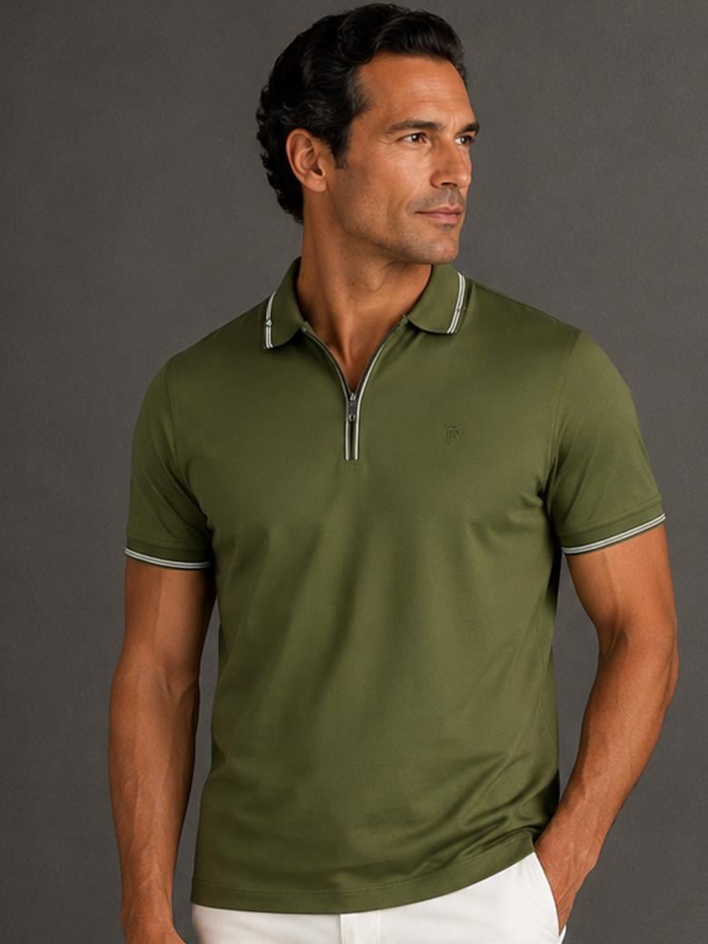 Regular Fit, Collar Detail, Zip-Up, Mercerized 100% Cotton Khaki Polo T-Shirt