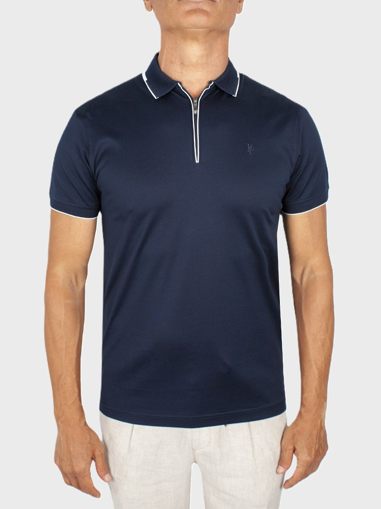 Regular Fit Yaka Detaylı Fermuarlı Merserize %100 Pamuk Koyu Lacivert Polo Tişört
