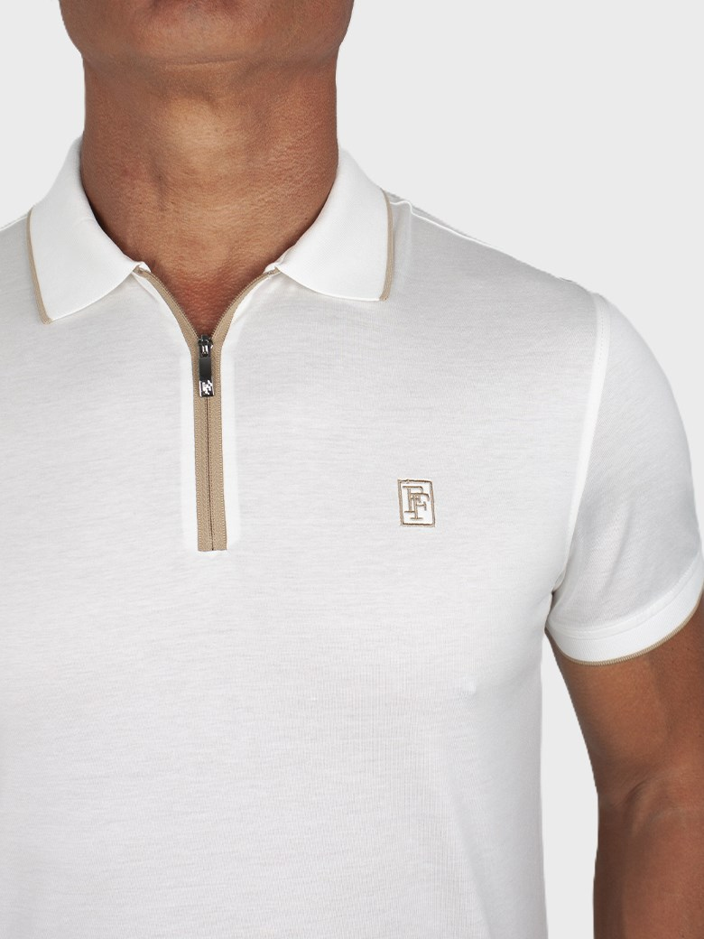 Regular Fit Yaka Detaylı Fermuarlı Merserize %100 Pamuk Ekru Polo Tişört