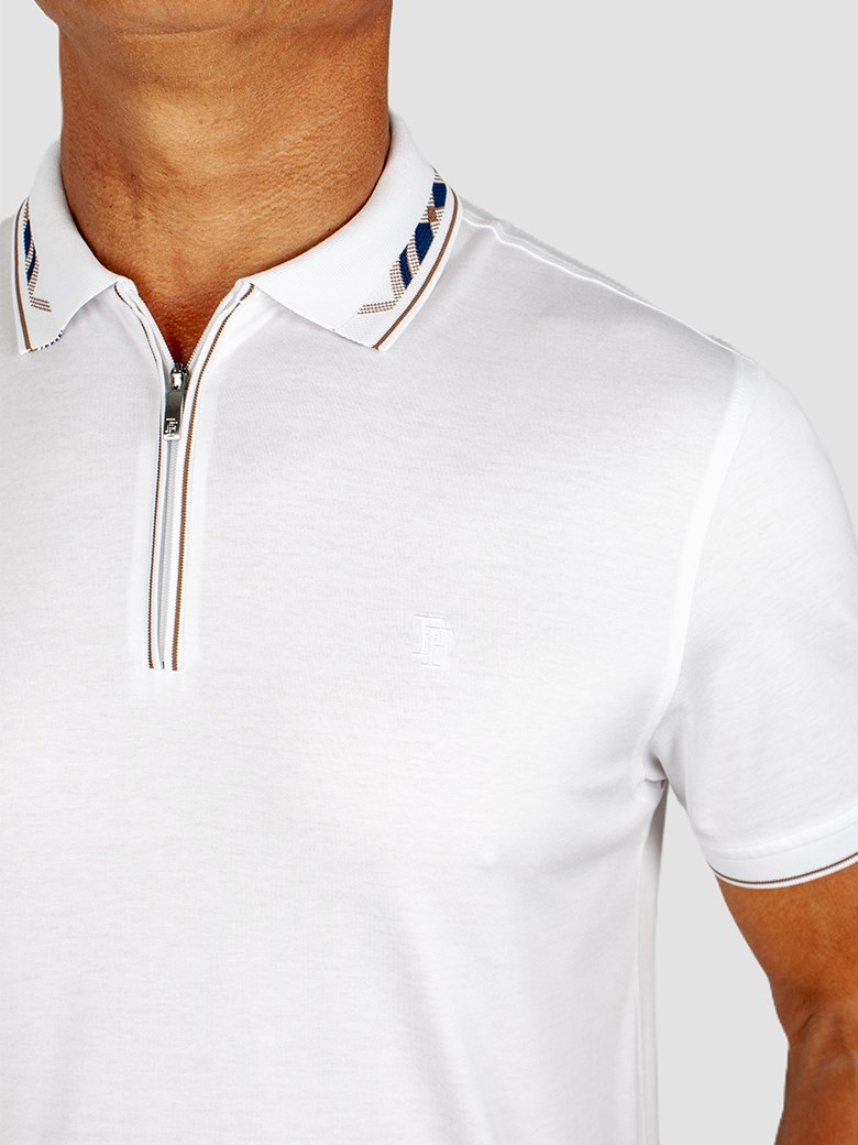 Regular Fit Yaka Detaylı Fermuarlı Merserize %100 Pamuk Beyaz Polo Tişört