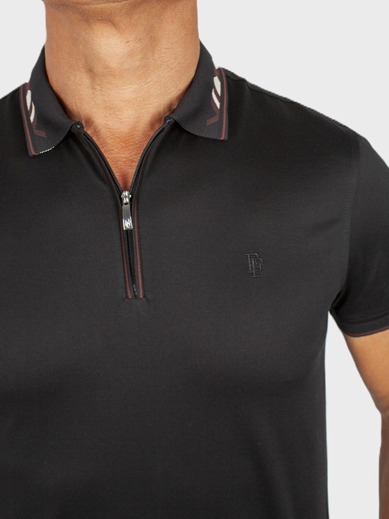 Regular Fit Yaka Detaylı Fermuarlı Merserize %100 Pamuk Siyah Polo Tişört