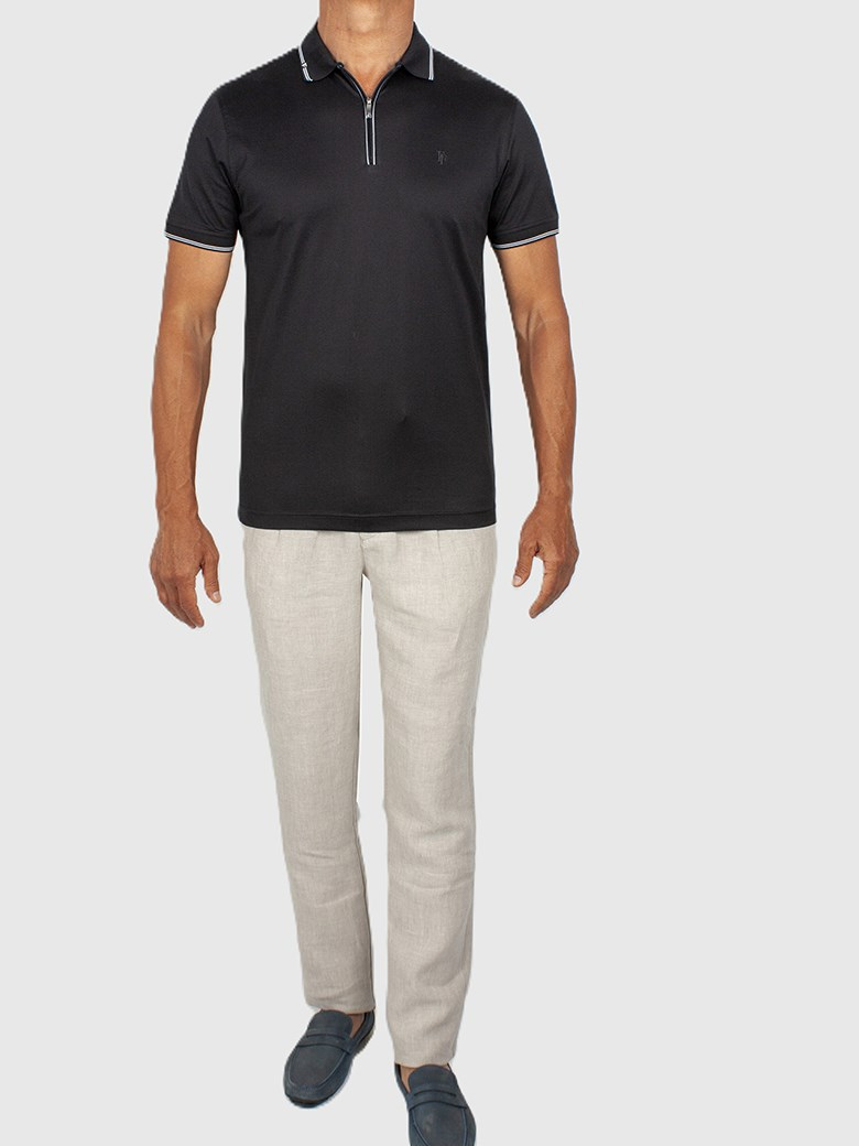 Regular Fit Yaka Detaylı Fermuarlı Siyah Polo Tişört