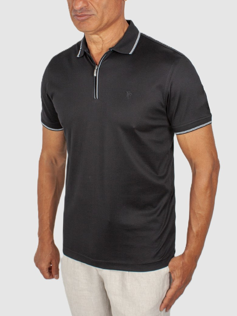 Regular Fit Yaka Detaylı Fermuarlı Siyah Polo Tişört