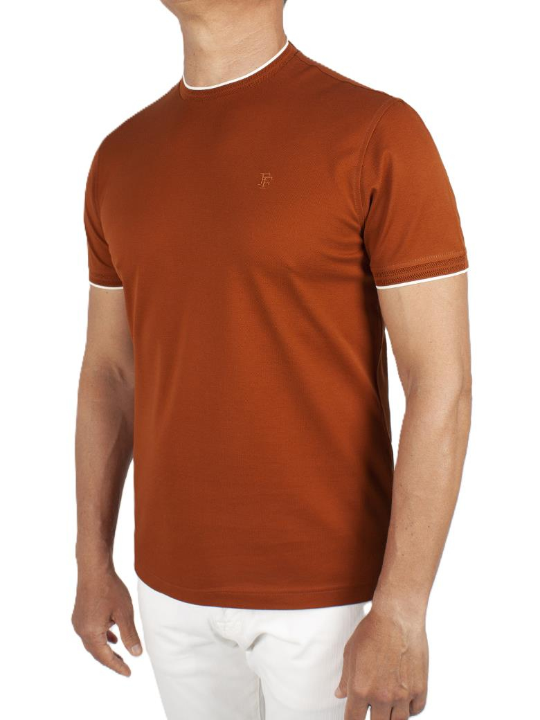Regular Fit Yaka Detaylı Merserize %100 Pamuk Kiremit Bisiklet Yaka Tişört