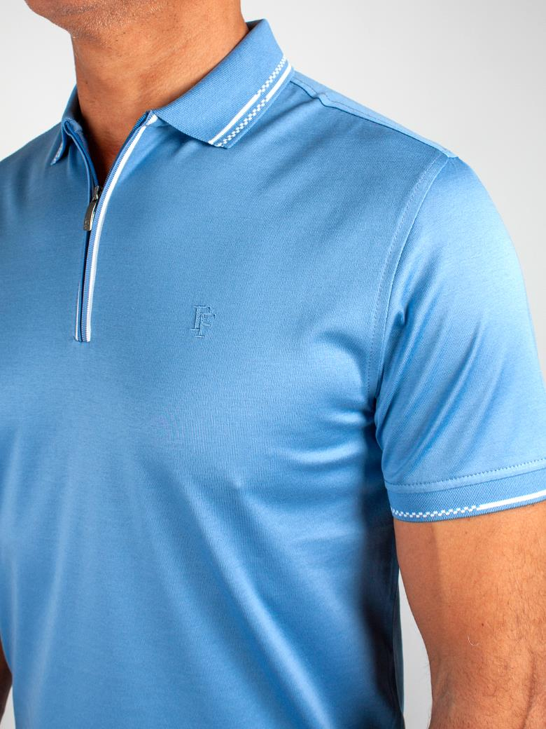 Regular Fit Yaka Detaylı Merserize %100 Pamuk Fermuarlı Mavi Polo Tişört