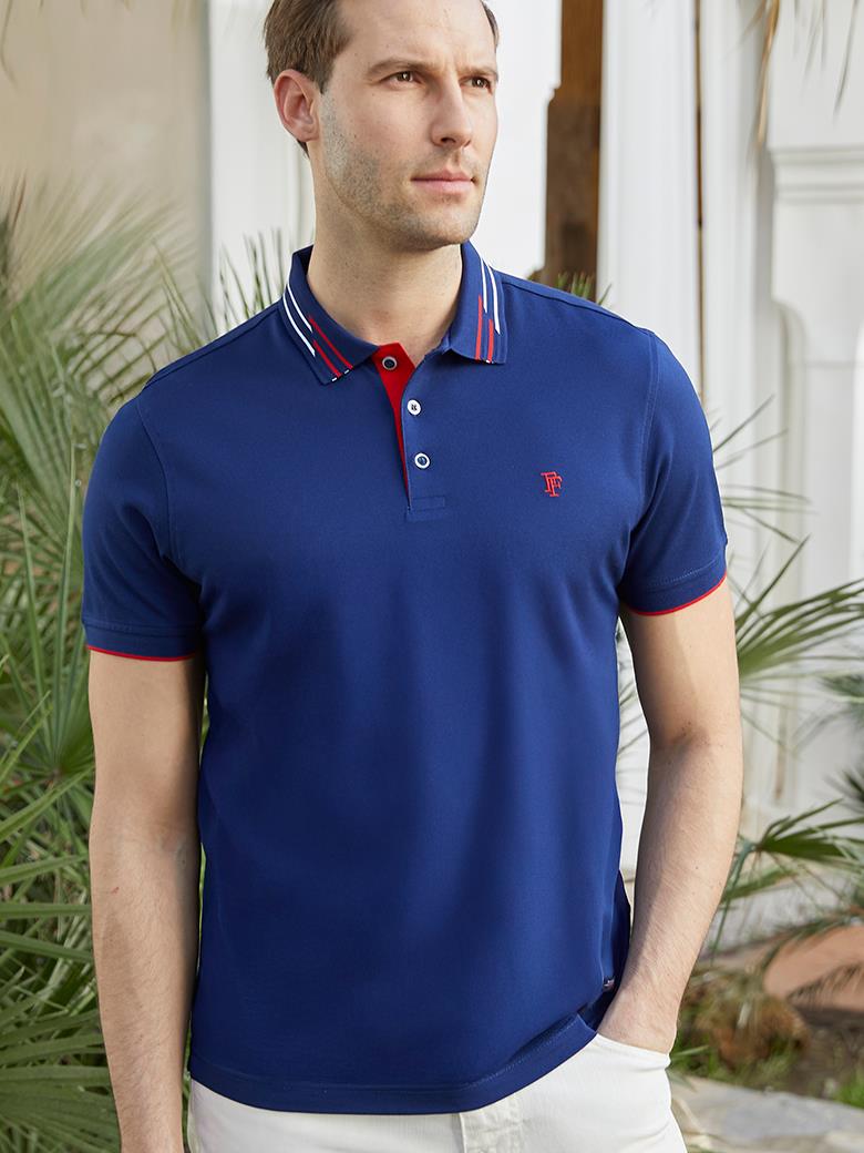 Regular Fit Yaka Detaylı Merserize %100 Pamuk Açık Lacivert Polo Tişört