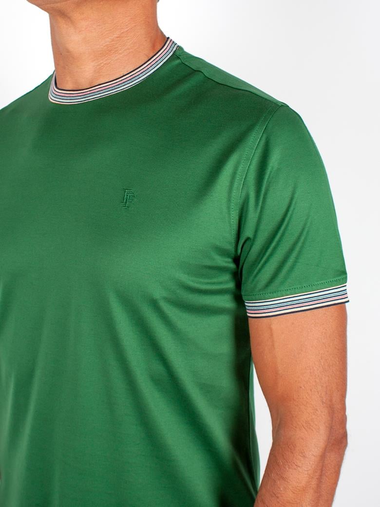 Regular Fit Yaka Detaylı Merserize %100 Pamuk Yeşil Bisiklet Yaka Tişört