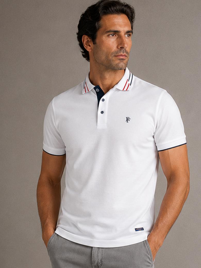 Regular Fit Yaka Detaylı Merserize %100 Pamuk Beyaz Polo Tişört