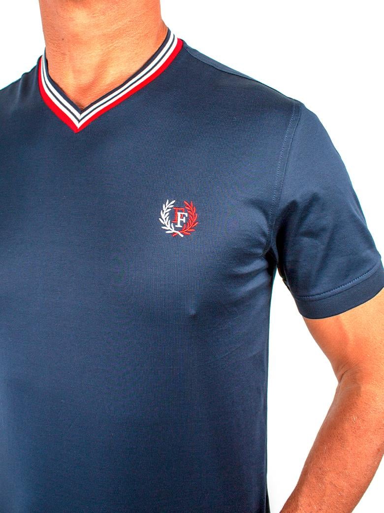 Regular Fit Yaka Detaylı Merserize %100 Pamuk Lacivert V Yaka Tişört