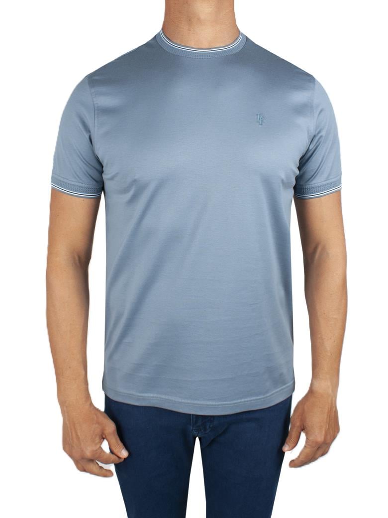 Regular Fit Yaka Detaylı Merserize %100 Pamuk Mavi Bisiklet Yaka Tişört