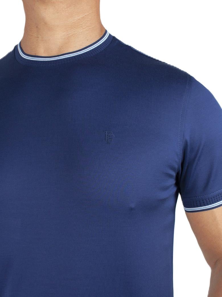 Regular Fit Yaka Detaylı Merserize %100 Pamuk Açık Lacivert Bisiklet Yaka Tişört