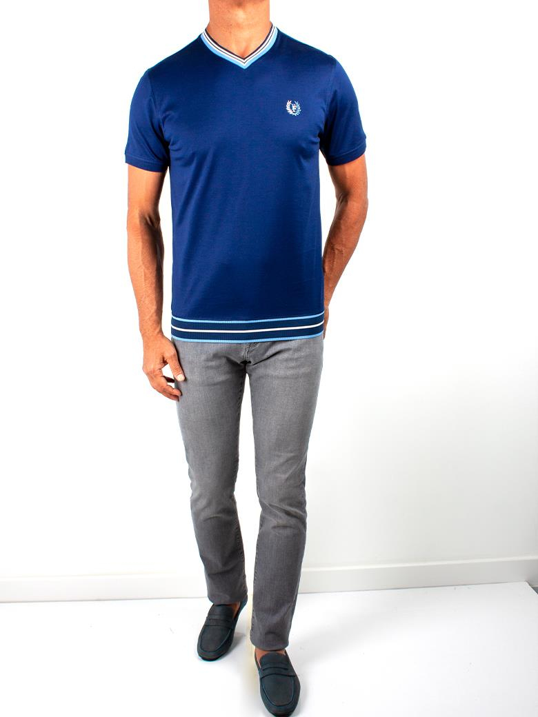 Regular Fit Yaka Detaylı Merserize %100 Pamuk Açık Lacivert V Yaka Tişört