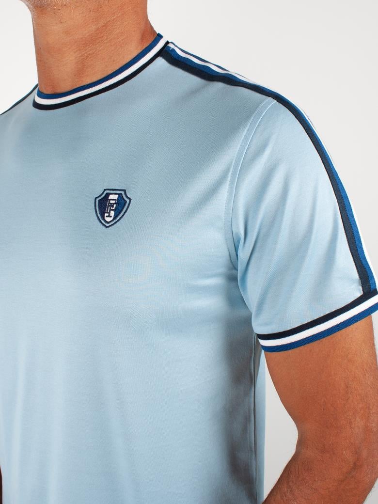 Regular Fit Yaka Detaylı Merserize %100 Pamuk Mavi Bisiklet Yaka Tişört