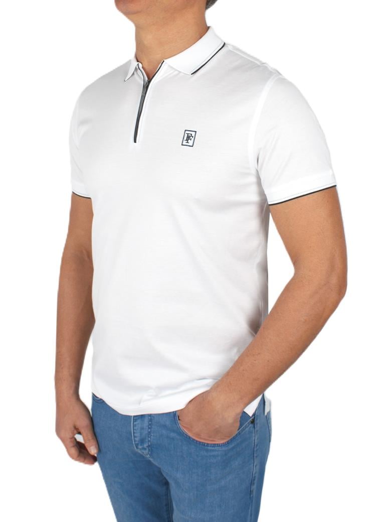 Regular Fit Yaka Detaylı Merserize %100 Pamuk Fermuarlı Beyaz Polo Tişört