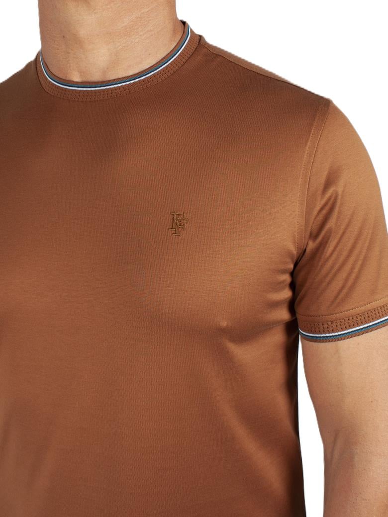 Regular Fit Yaka Detaylı Merserize %100 Pamuk Kahve Bisiklet Yaka Tişört