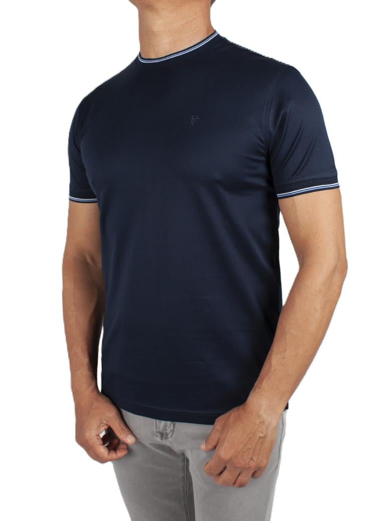 Regular Fit Yaka Detaylı Merserize %100 Pamuk Koyu Lacivert Bisiklet Yaka Tişört