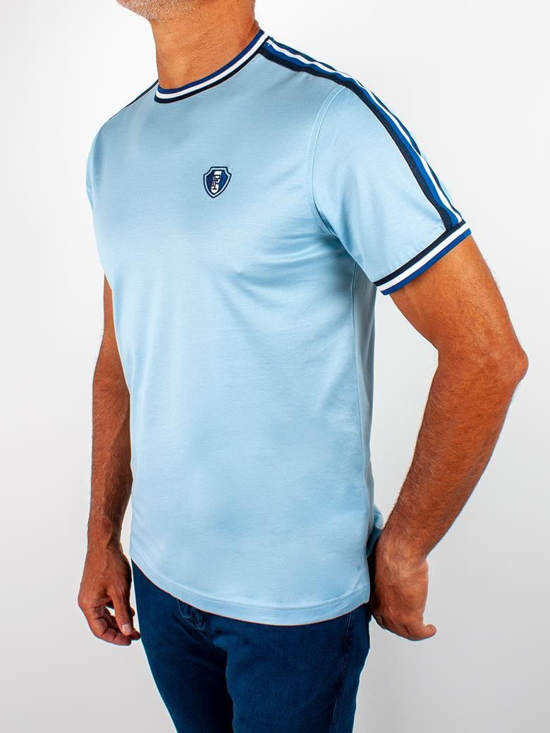Regular Fit Yaka Detaylı Merserize %100 Pamuk Mavi Bisiklet Yaka Tişört