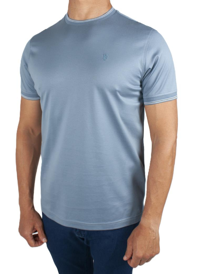 Regular Fit Yaka Detaylı Merserize %100 Pamuk Mavi Bisiklet Yaka Tişört