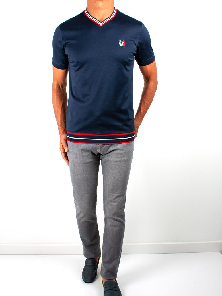 Regular Fit Yaka Detaylı Merserize %100 Pamuk Lacivert V Yaka Tişört