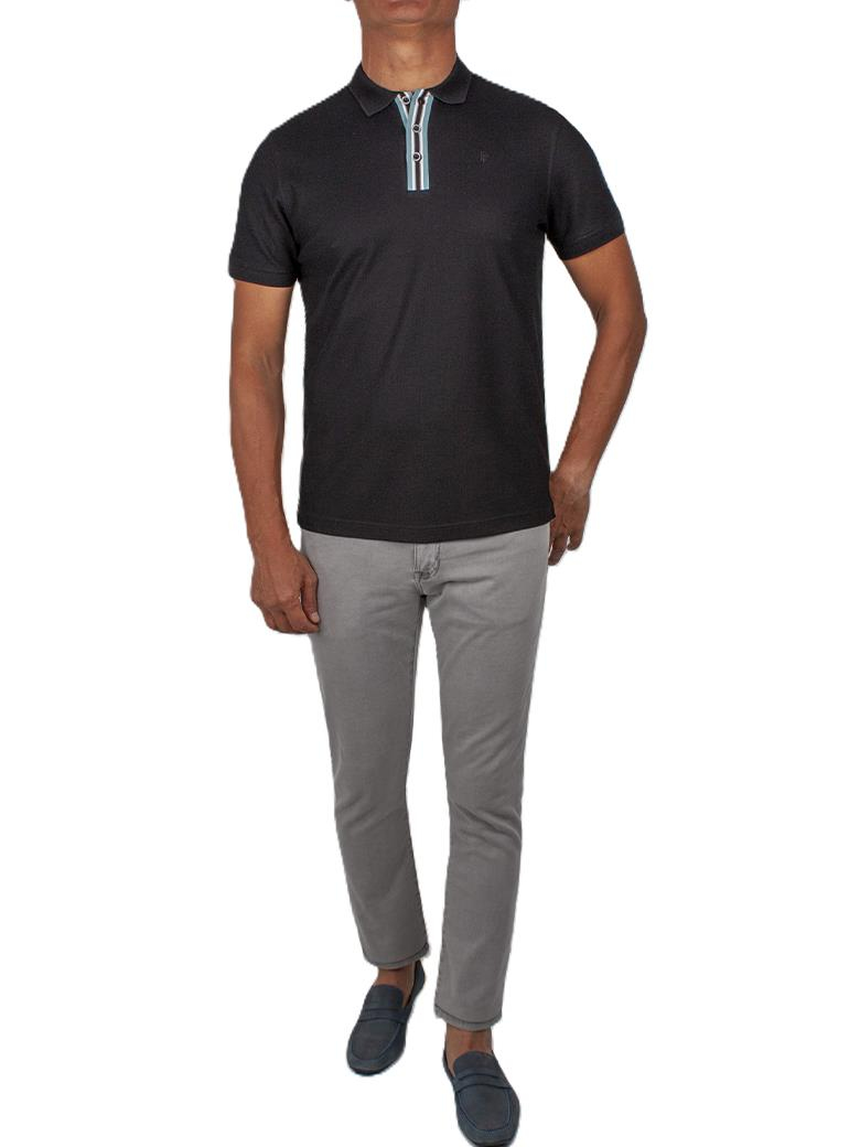 Regular Fit Yaka Detaylı Merserize %100 Pamuk Siyah Polo Tişört