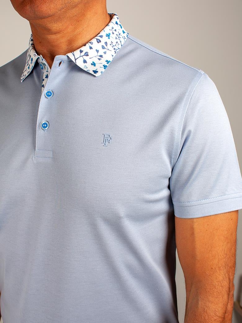 Regular Fit Yaka Detaylı Merserize %100 Pamuk Açık Mavi Polo Tişört