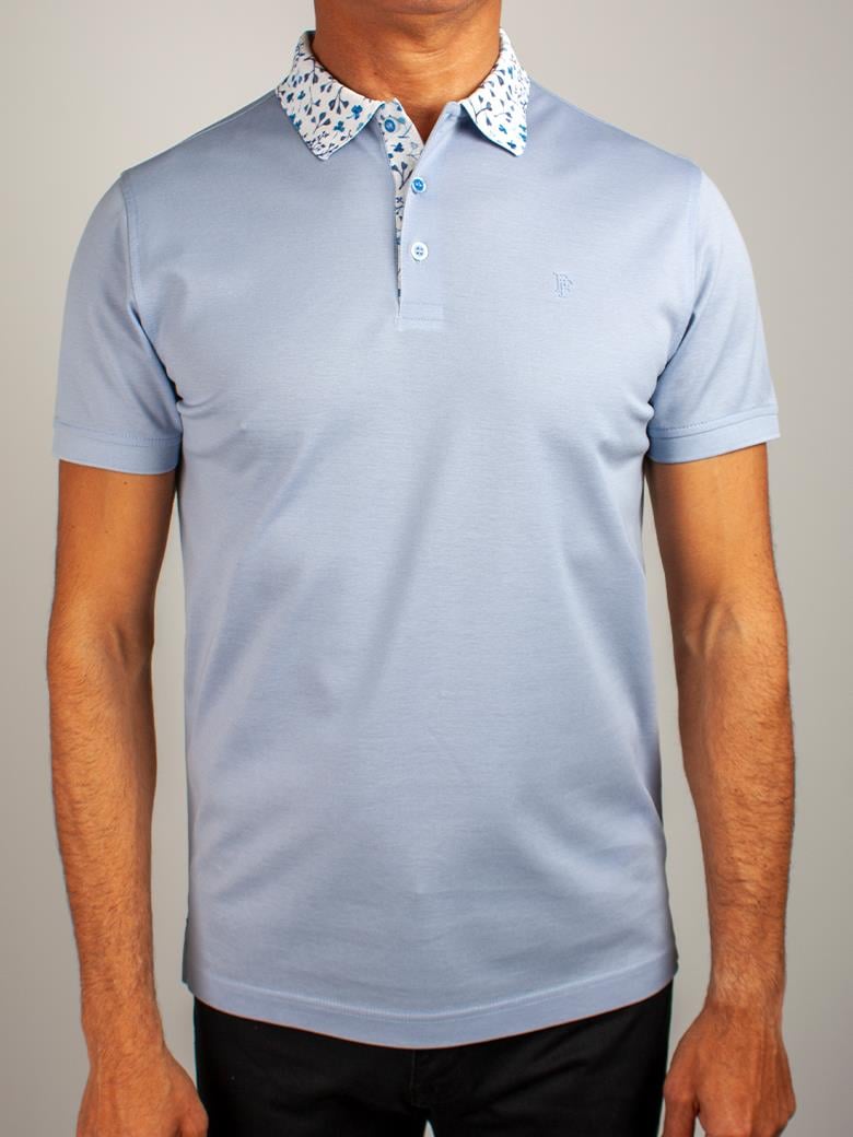 Regular Fit Yaka Detaylı Merserize %100 Pamuk Açık Mavi Polo Tişört