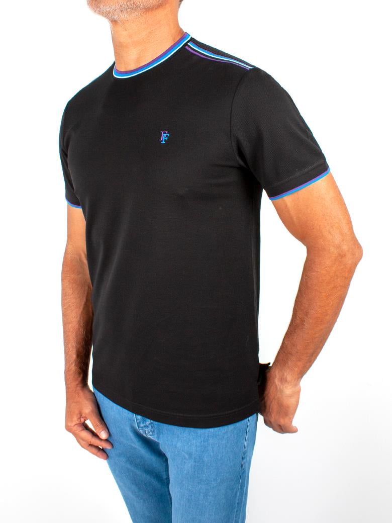 Regular Fit Yaka Detaylı Merserize %100 Pamuk Siyah Bisiklet Yaka Tişört