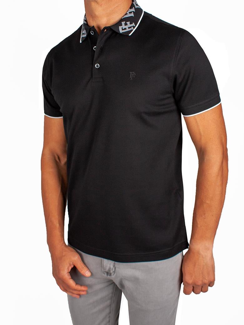 Regular Fit Yaka Detaylı Merserize %100 Pamuk Siyah Polo Tişört