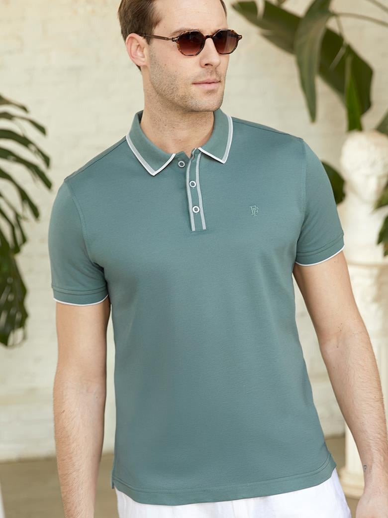 Regular Fit Yaka Detaylı Merserize %100 Pamuk Haki Polo Tişört