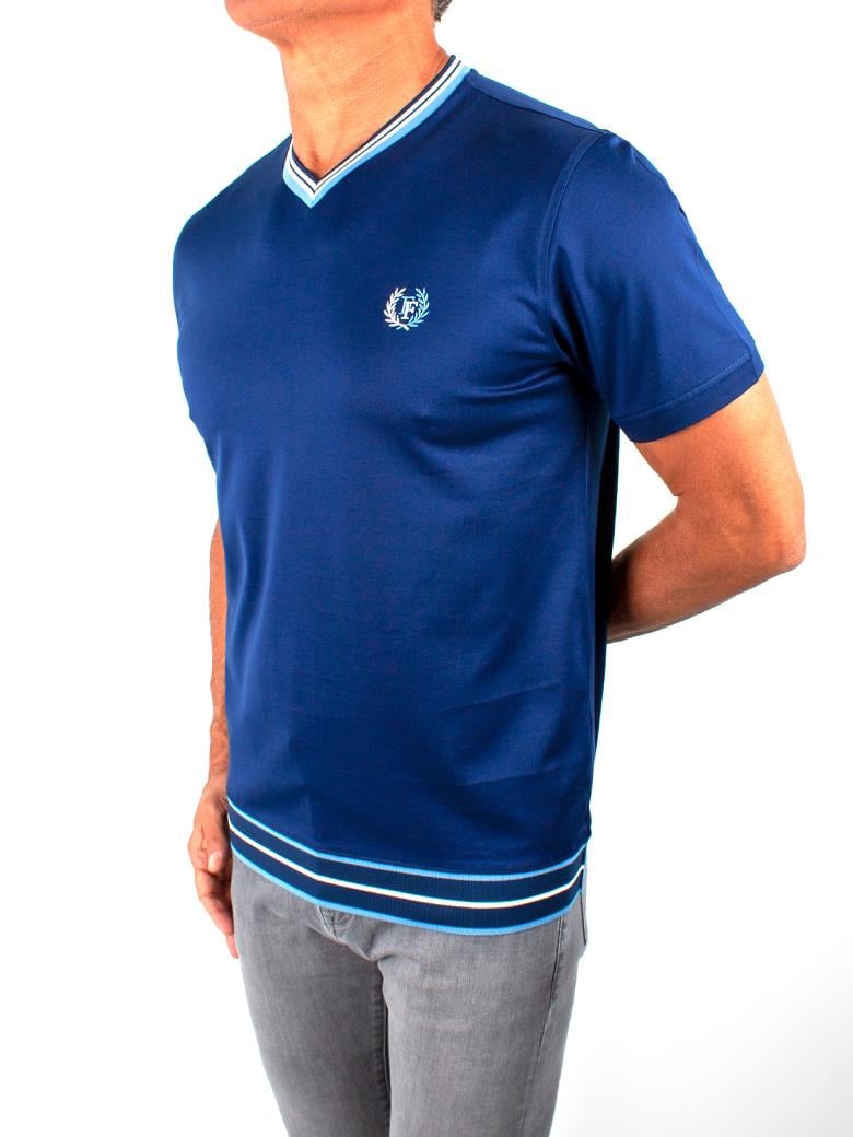 Regular Fit Yaka Detaylı Merserize %100 Pamuk Açık Lacivert V Yaka Tişört