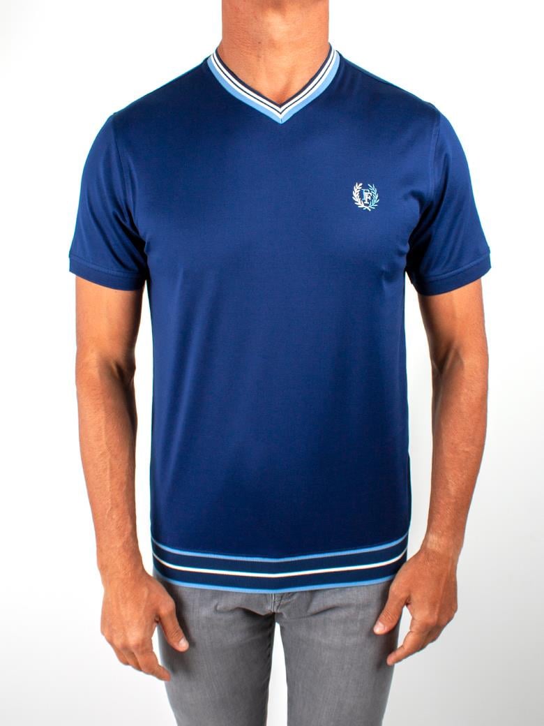 Regular Fit Yaka Detaylı Merserize %100 Pamuk Açık Lacivert V Yaka Tişört