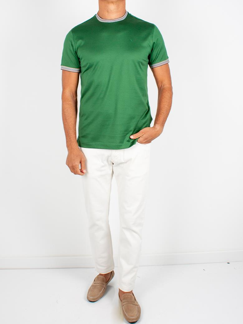 Regular Fit Yaka Detaylı Merserize %100 Pamuk Yeşil Bisiklet Yaka Tişört