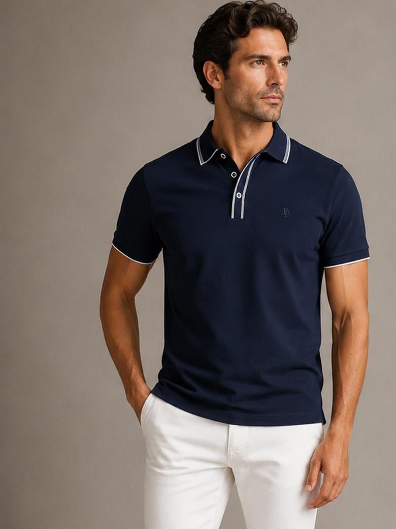 Regular Fit Yaka Detaylı Merserize %100 Pamuk Koyu Lacivert Polo Tişört