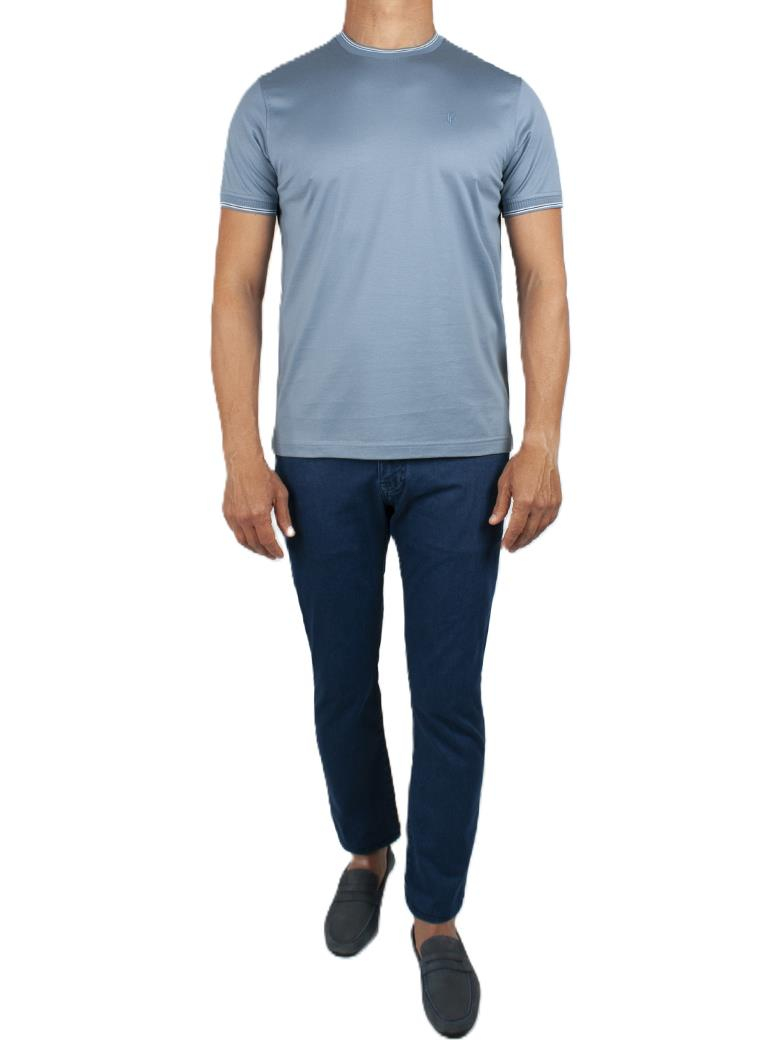 Regular Fit Yaka Detaylı Merserize %100 Pamuk Mavi Bisiklet Yaka Tişört