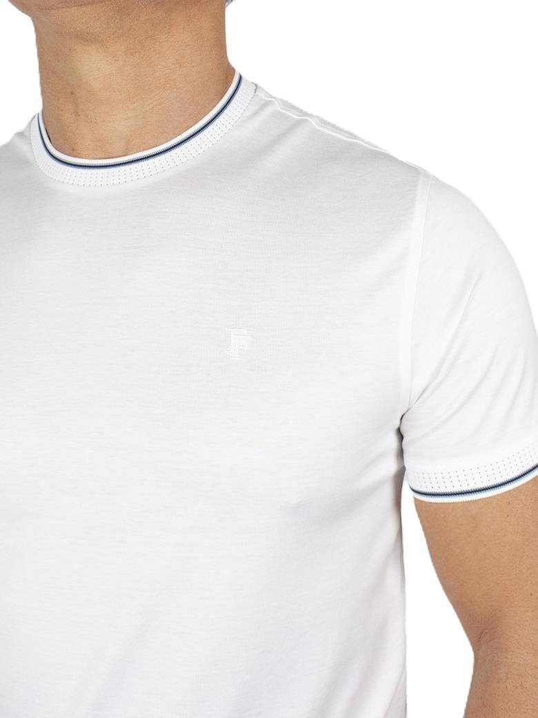 Regular Fit Yaka Detaylı Merserize %100 Pamuk Beyaz Bisiklet Yaka Tişört