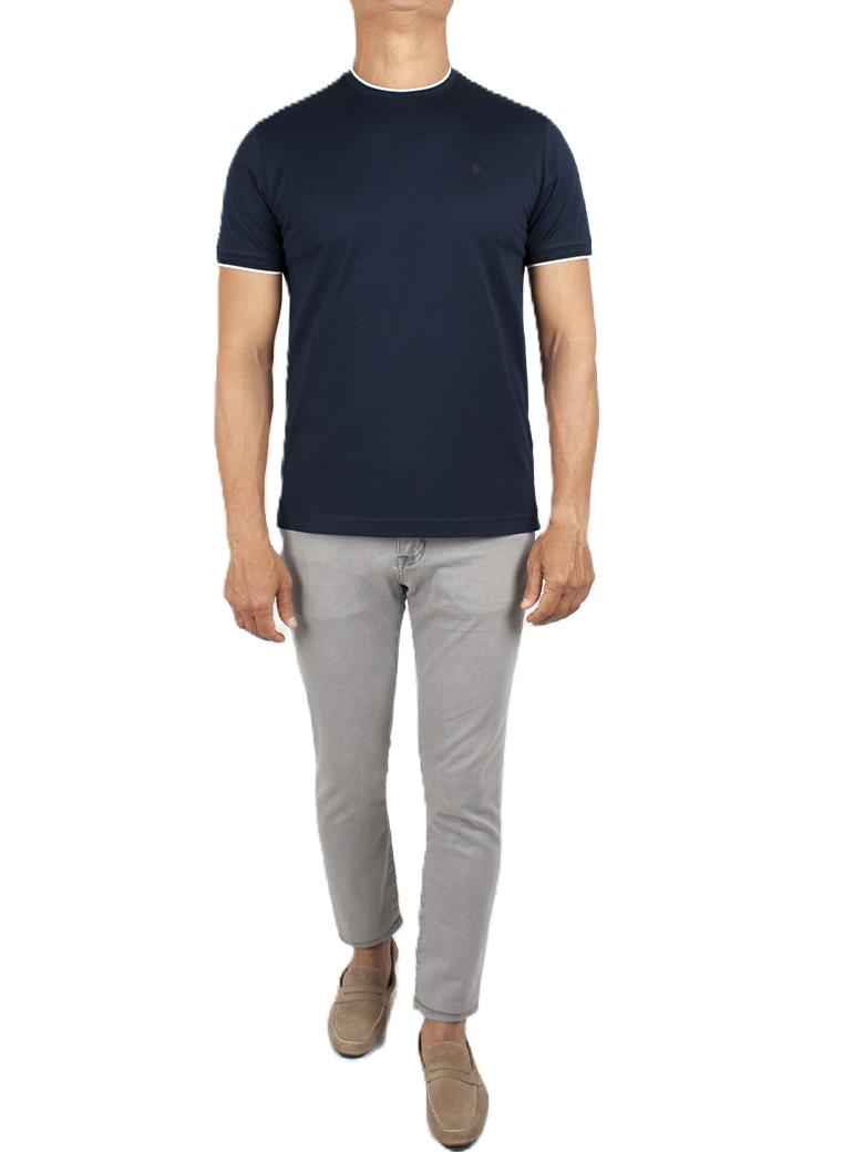 Regular Fit Yaka Detaylı Merserize %100 Pamuk Koyu Lacivert Bisiklet Yaka Tişört