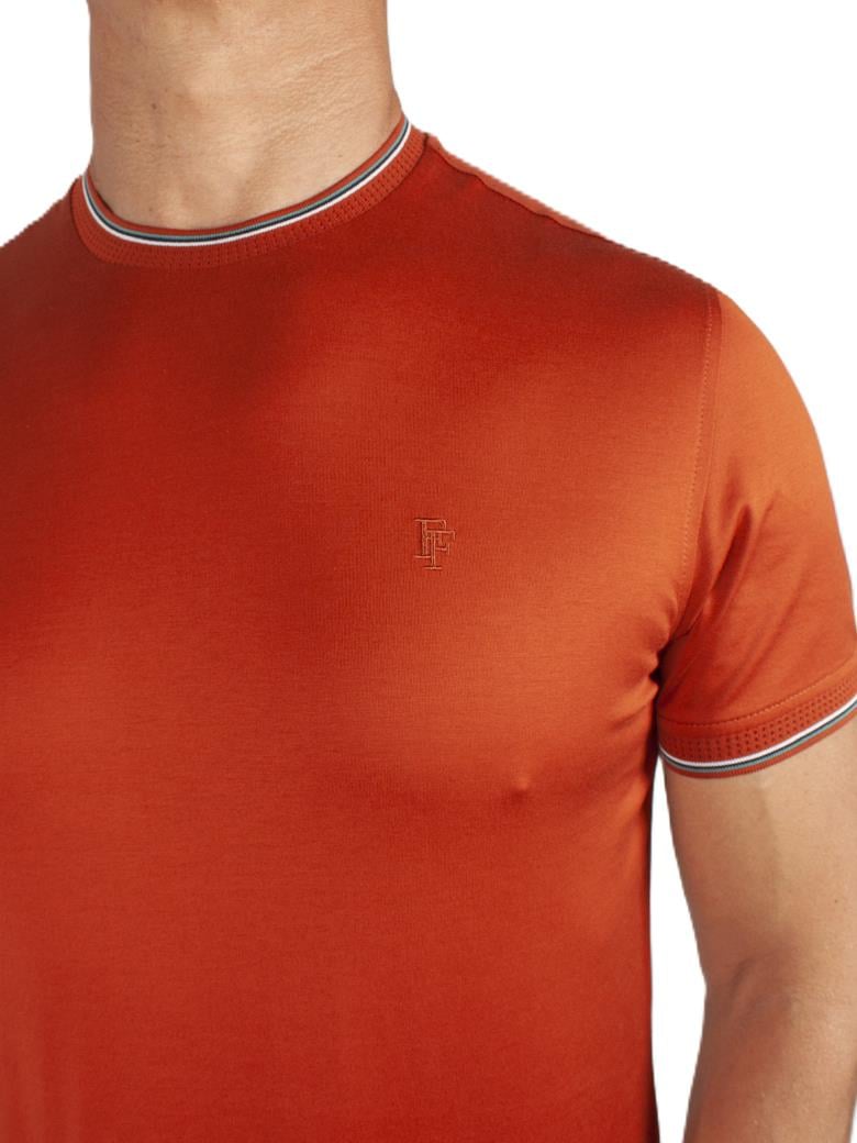 Regular Fit Yaka Detaylı Merserize %100 Pamuk Kiremit Bisiklet Yaka Tişört