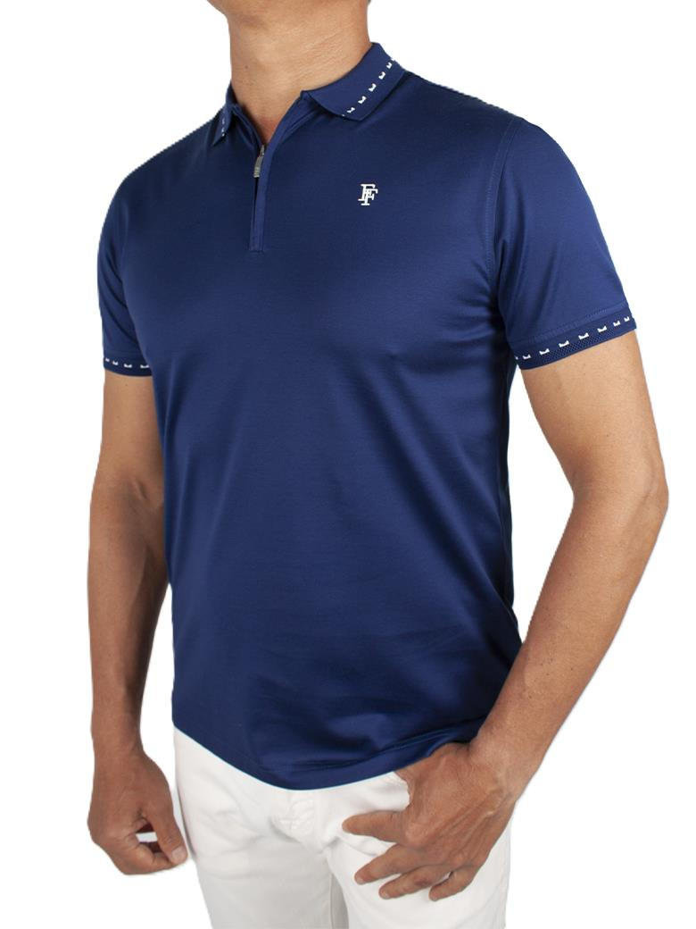 Regular Fit Yaka Detaylı Merserize %100 Pamuk Fermuarlı Lacivert Polo Tişört