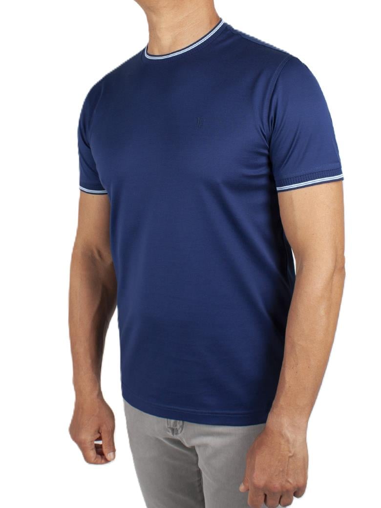 Regular Fit Yaka Detaylı Merserize %100 Pamuk Açık Lacivert Bisiklet Yaka Tişört