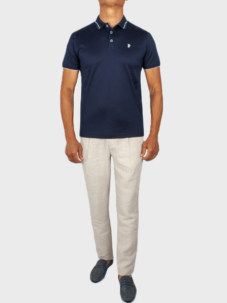 Regular Fit Yaka Detaylı Merserize %100 Pamuk Koyu Lacivert Polo Tişört