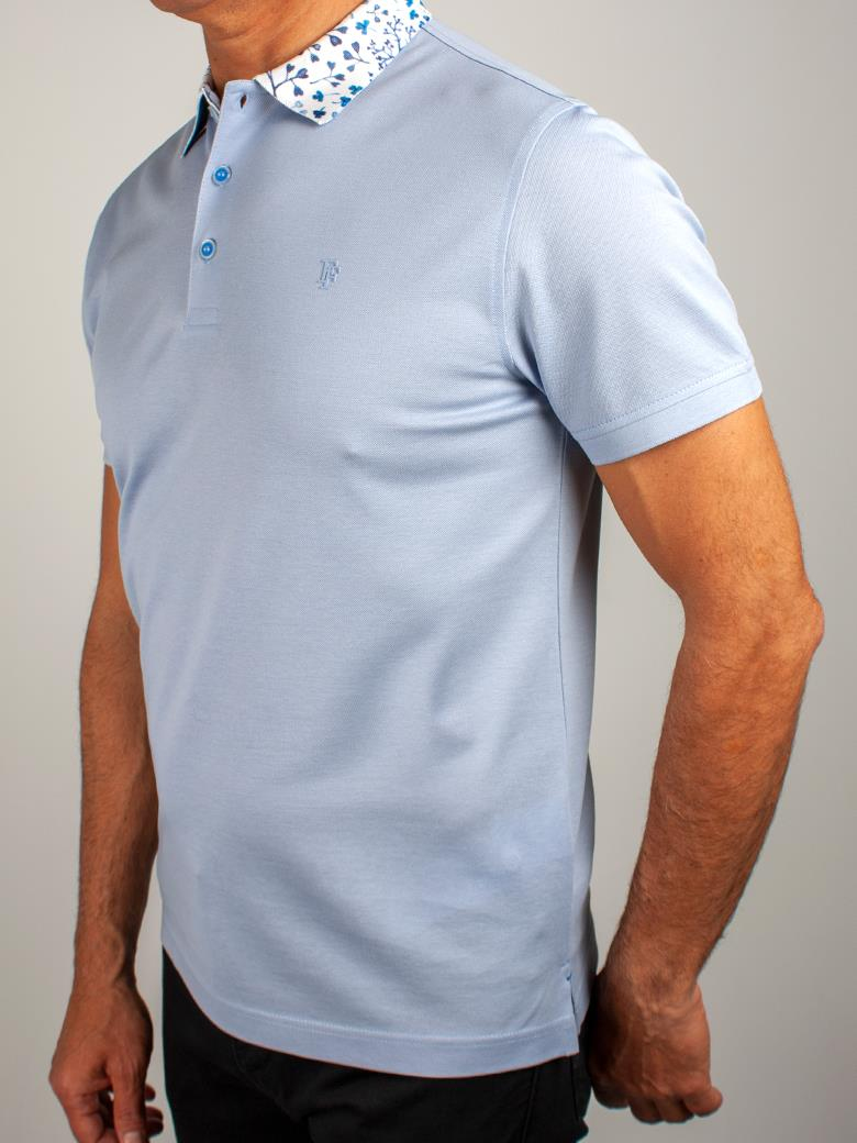 Regular Fit Yaka Detaylı Merserize %100 Pamuk Açık Mavi Polo Tişört