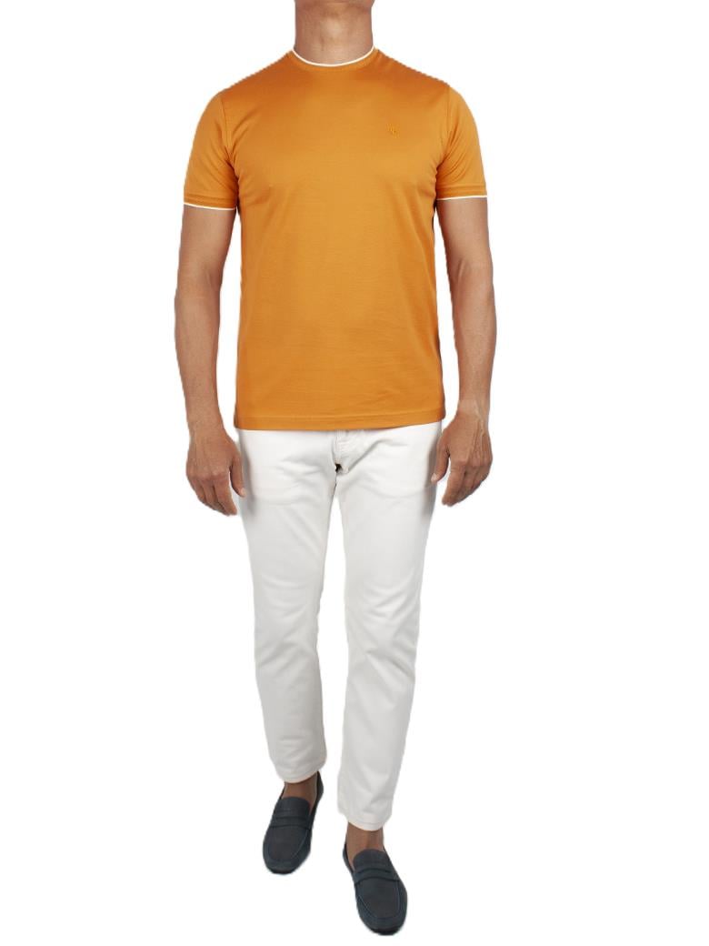 Regular Fit Yaka Detaylı Merserize %100 Pamuk Oranj Bisiklet Yaka Tişört