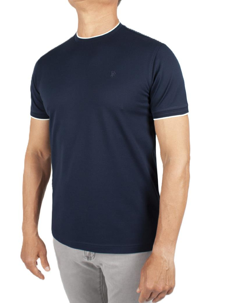 Regular Fit Yaka Detaylı Merserize %100 Pamuk Koyu Lacivert Bisiklet Yaka Tişört