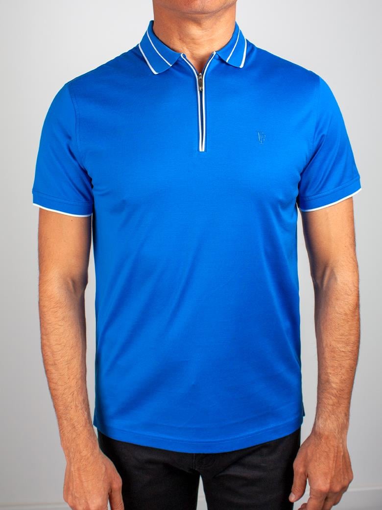 Regular Fit Yaka Detaylı Merserize %100 Pamuk Fermuarlı Saks Polo Tişört