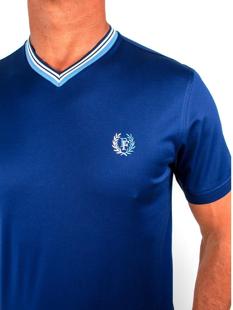 Regular Fit Yaka Detaylı Merserize %100 Pamuk Açık Lacivert V Yaka Tişört