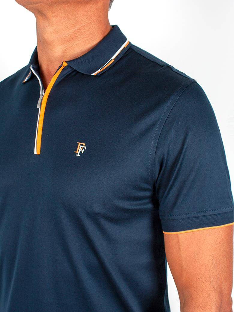 Regular Fit Yaka Detaylı Merserize %100 Pamuk Fermuarlı Koyu Lacivert Polo Tişört