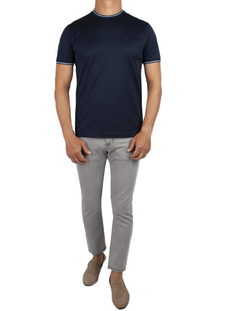 Regular Fit Yaka Detaylı Merserize %100 Pamuk Koyu Lacivert Bisiklet Yaka Tişört