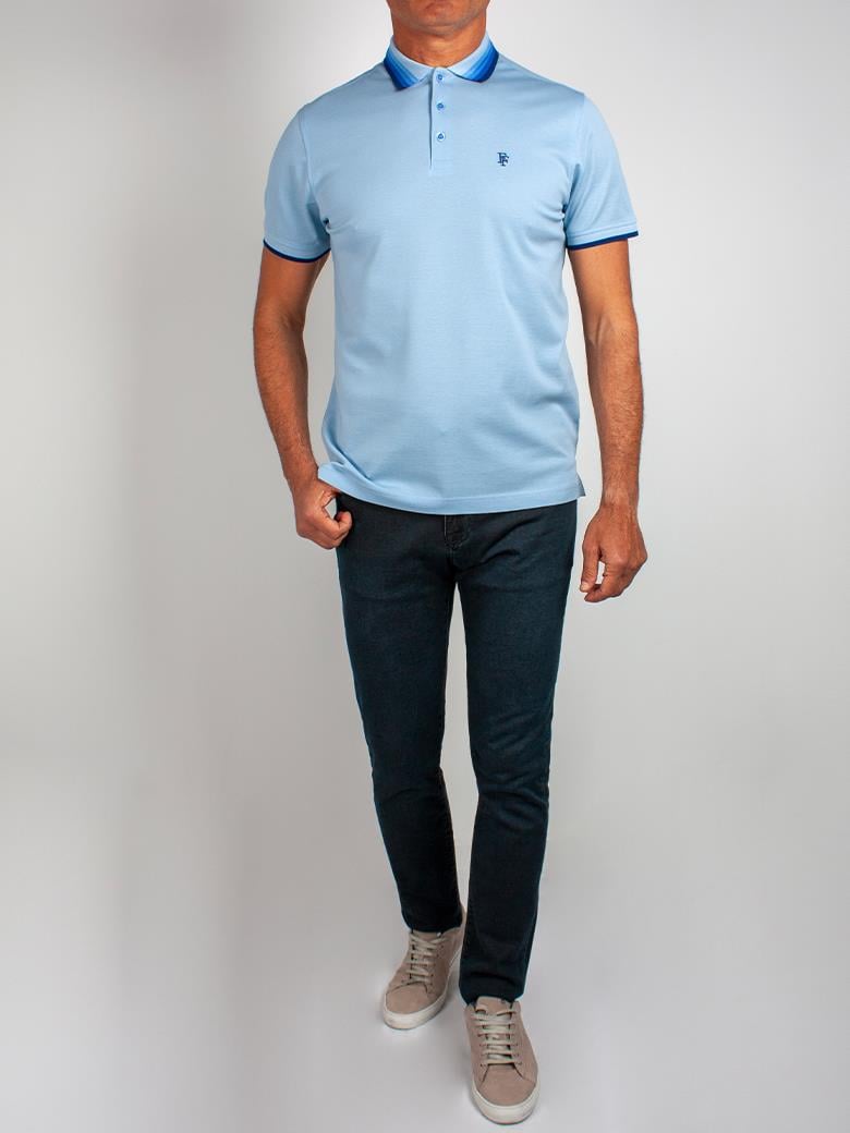 Regular Fit Yaka Detaylı Merserize %100 Pamuk Acık Mavi Polo Tişört