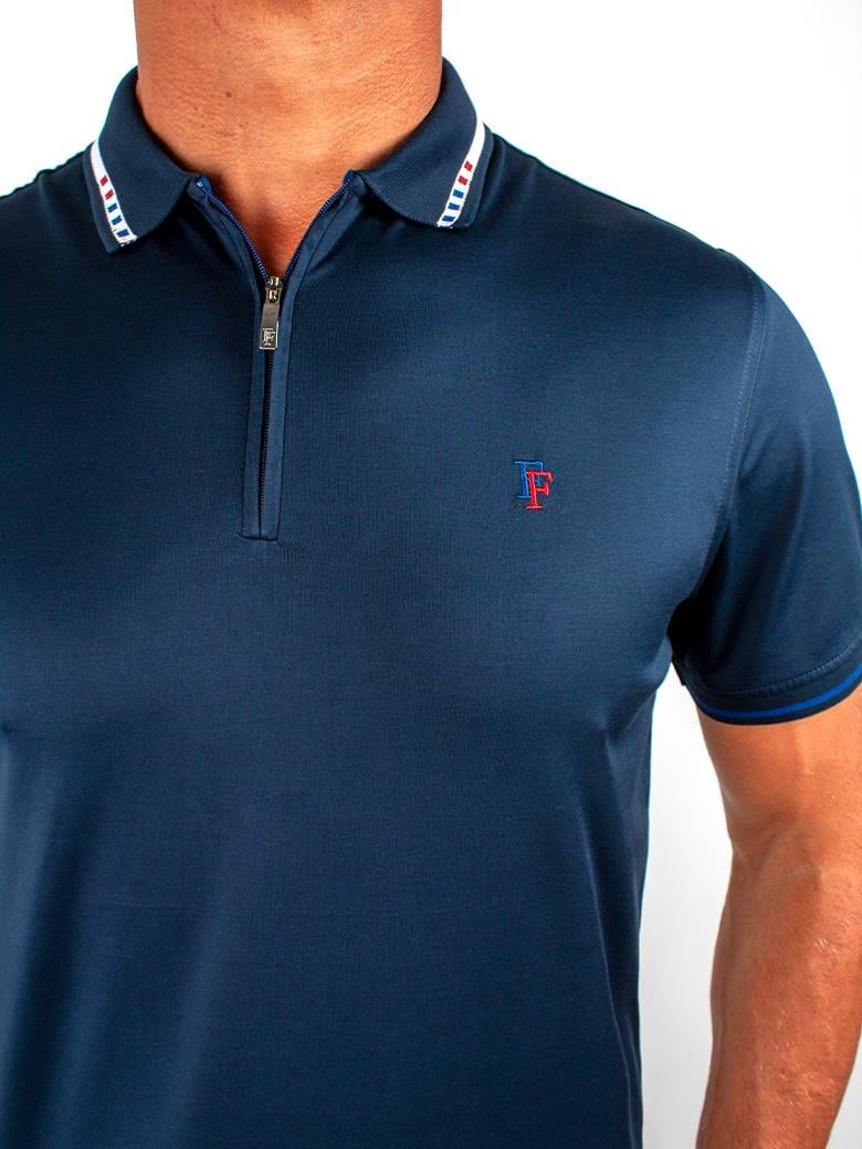 Regular Fit Yaka Detaylı Merserize %100 Pamuk Fermuarlı Lacivert Polo Tişört