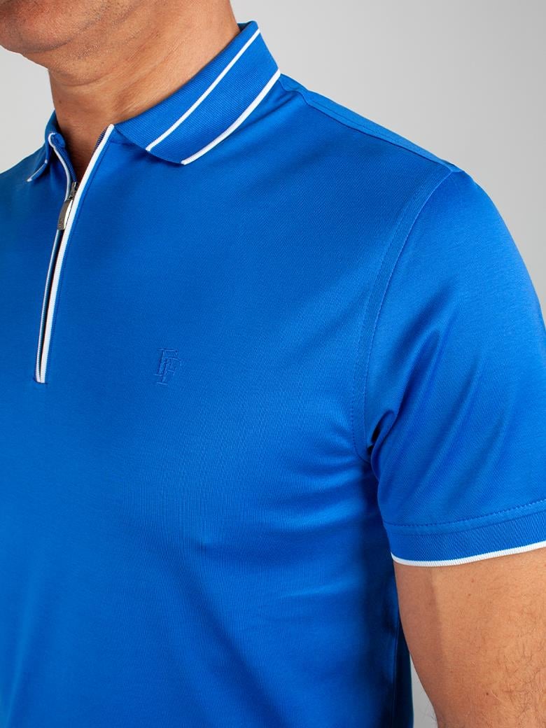 Regular Fit Yaka Detaylı Merserize %100 Pamuk Fermuarlı Saks Polo Tişört